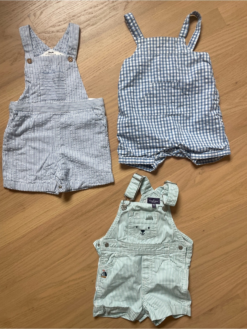 From Paris, 3-Pack Baby/Toddler Striped Short Overalls - Blue, Light Blue, Mint